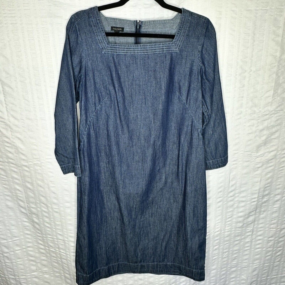 Talbots Dress Womens 6 Blue Chambray 3/4 Sleeve Square Neck Above Knee Casual - Picture 1 of 11